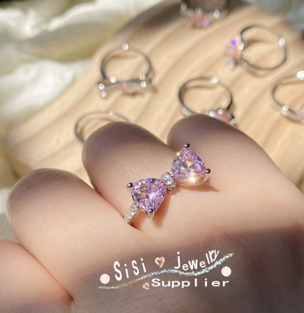Picture of Cute Double Pink Zirconia Crystal Stackable Rings