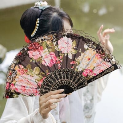 Picture of Folding Fan Lace Hand Fan Dance Party Wedding Decor Fan Chinese Hand Fan 1 pcs