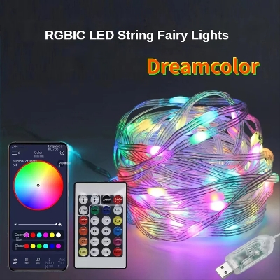 Picture of USB 5V WS2812B Bluetooth LED String Fairy Lights Dreamcolor RGBIC Addressable Party Christmas Lights Wedding Decoration Garland-Multicolor