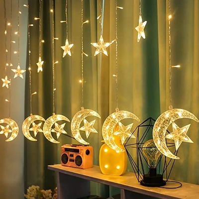 Picture of Ramadan Decoration 2024 Star Moon Curtain Garland String Light Aid EID Mubarak for Home Arabic Islam Muslim Event Party Supplies-Gold
