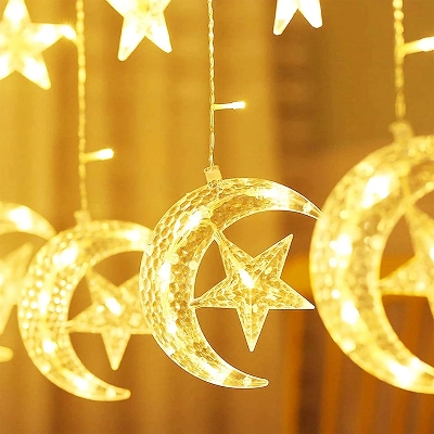 Picture of Ramadan Decoration 2024 Star Moon Curtain Garland String Light Aid EID Mubarak for Home Arabic Islam Muslim Event Party Supplies-Gold