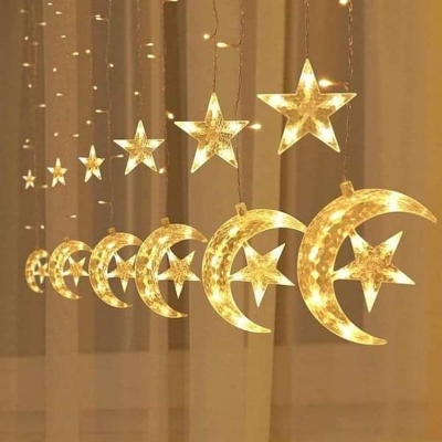 Picture of Ramadan Decoration 2024 Star Moon Curtain Garland String Light Aid EID Mubarak for Home Arabic Islam Muslim Event Party Supplies-Gold