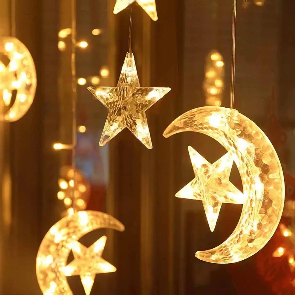 Picture of Ramadan Decoration 2024 Star Moon Curtain Garland String Light Aid EID Mubarak for Home Arabic Islam Muslim Event Party Supplies-Gold