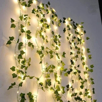 Picture of 15 Feet Magical Ambiance Artificial Vine Fairy Lights: Flower Green Leaf Design-Gold