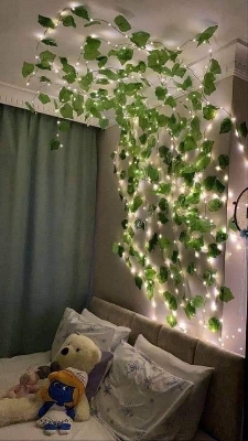 Picture of 15 Feet Magical Ambiance Artificial Vine Fairy Lights: Flower Green Leaf Design-Gold