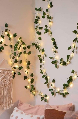 Picture of 15 Feet Magical Ambiance Artificial Vine Fairy Lights: Flower Green Leaf Design-Gold