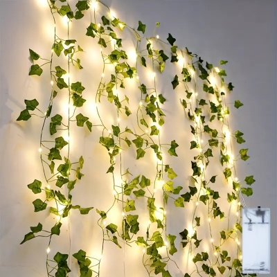Picture of 15 Feet Magical Ambiance Artificial Vine Fairy Lights: Flower Green Leaf Design-Gold
