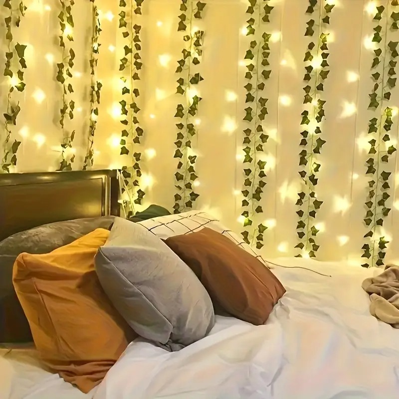 Picture of 15 Feet Magical Ambiance Artificial Vine Fairy Lights: Flower Green Leaf Design-Gold