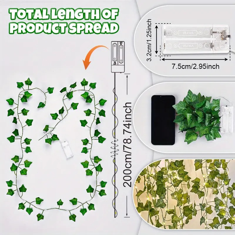 Picture of 15 Feet Magical Ambiance Artificial Vine Fairy Lights: Flower Green Leaf Design-Gold