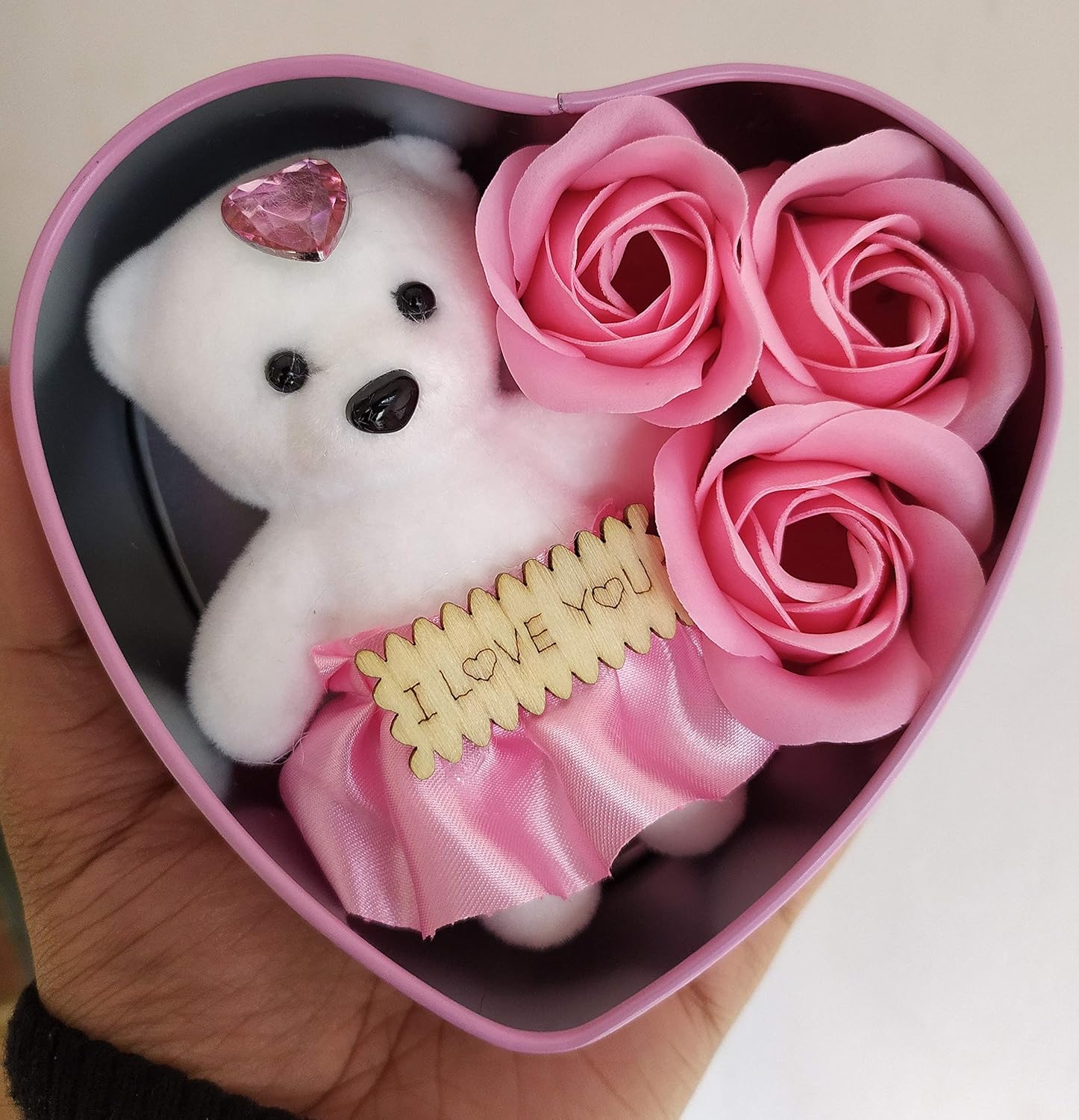 Picture of Valentine Gift - 1 Cute Teddy with 3 Roses in Small Heart Shaped Box