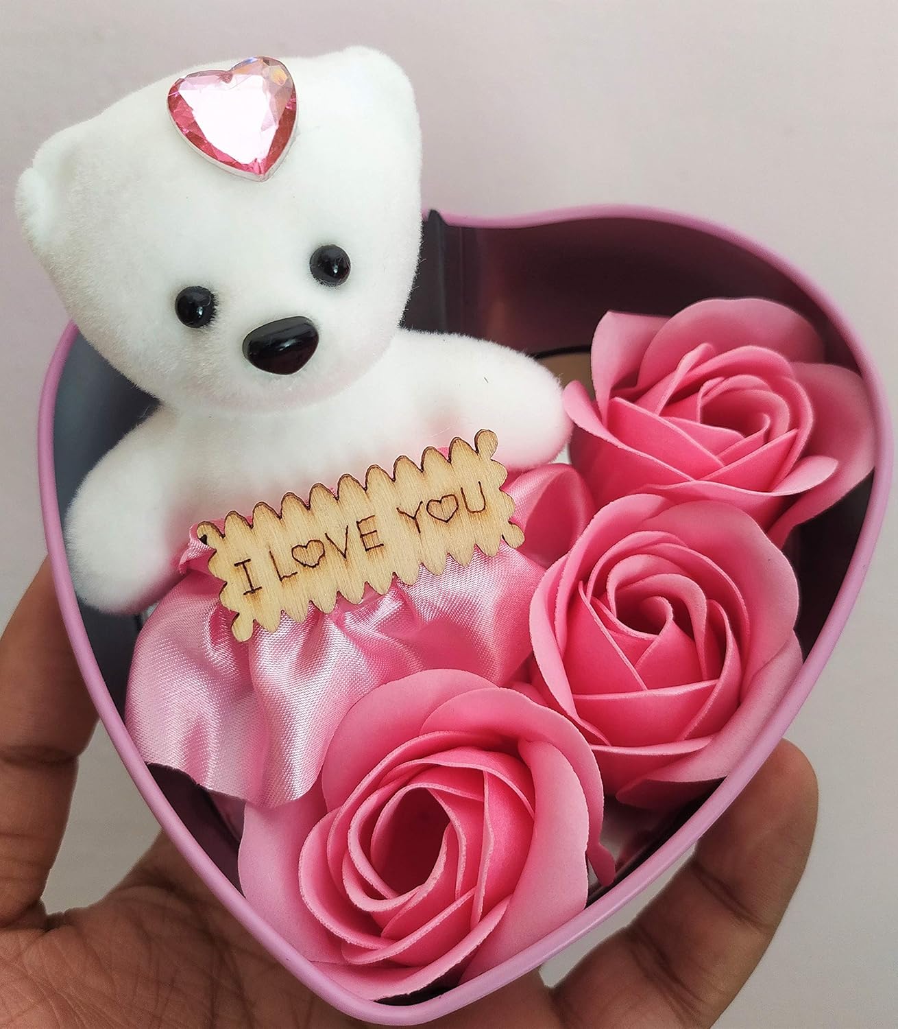 Picture of Valentine Gift - 1 Cute Teddy with 3 Roses in Small Heart Shaped Box