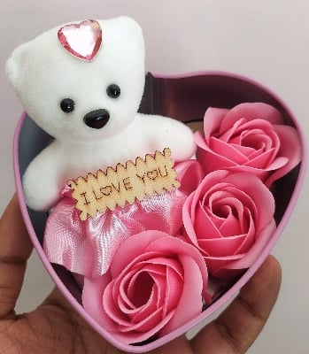Picture of Valentine Gift - 1 Cute Teddy with 3 Roses in Small Heart Shaped Box