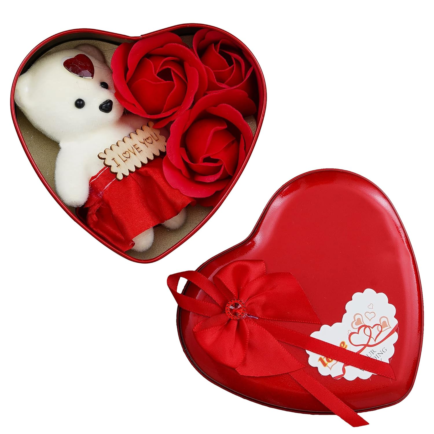 Picture of Heart-Shaped Red Box with Teddy and Roses Valentine Day Best Love Gift for Girlfriend
