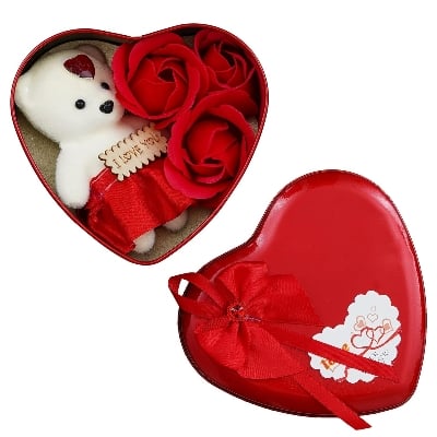Picture of Heart-Shaped Red Box with Teddy and Roses Valentine Day Best Love Gift for Girlfriend
