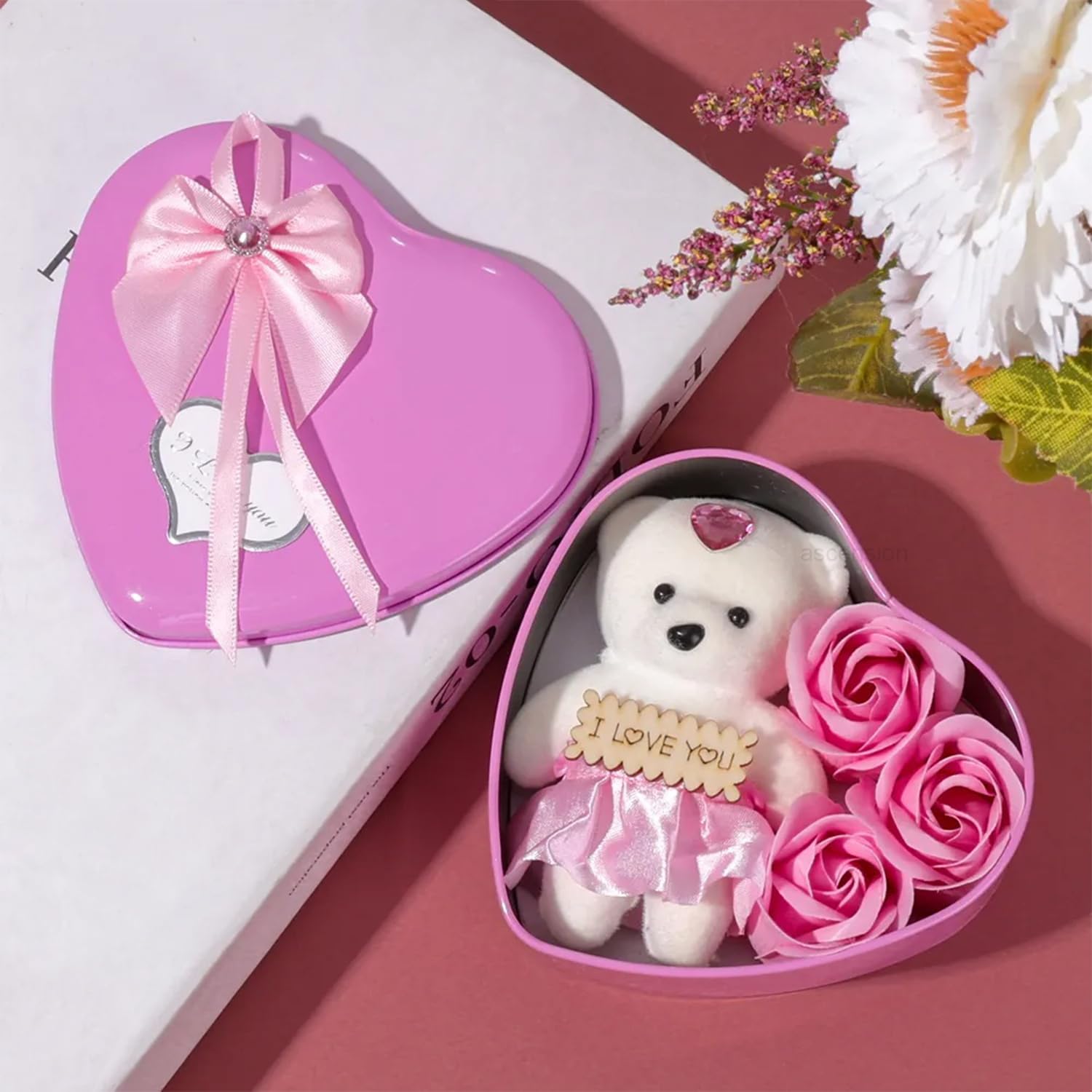 Picture of Heart-Shaped Red Box with Teddy and Roses Valentine Day Best Love Gift for Girlfriend