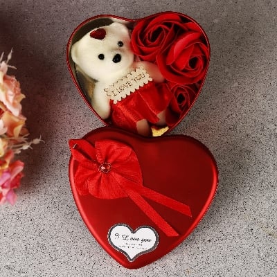 Picture of Heart-Shaped Red Box with Teddy and Roses Valentine Day Best Love Gift for Girlfriend