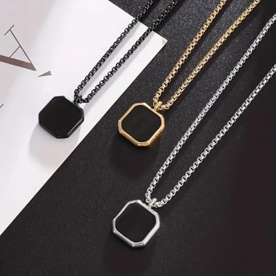 Picture of Square Natural Stone Stainless Steel Golden Metal Chain For Men