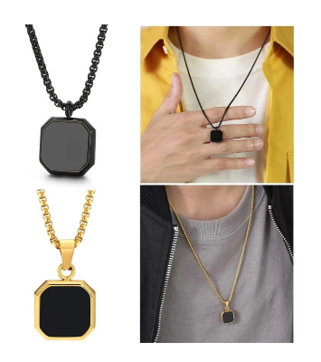 Picture of Square Natural Stone Stainless Steel Golden Metal Chain For Men