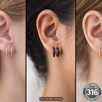 Picture of Black Round Hoop Earrings Trendy Fashion Jewelry - Black