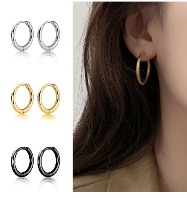 Picture of Women Minimal Hoop Earrings Gold Silver Black Stainless Steel Round Earrings