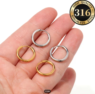 Picture of Women Minimal Hoop Earrings Gold Silver Black Stainless Steel Round Earrings
