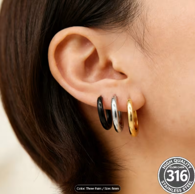 Picture of Women Minimal Hoop Earrings Gold Silver Black Stainless Steel Round Earrings