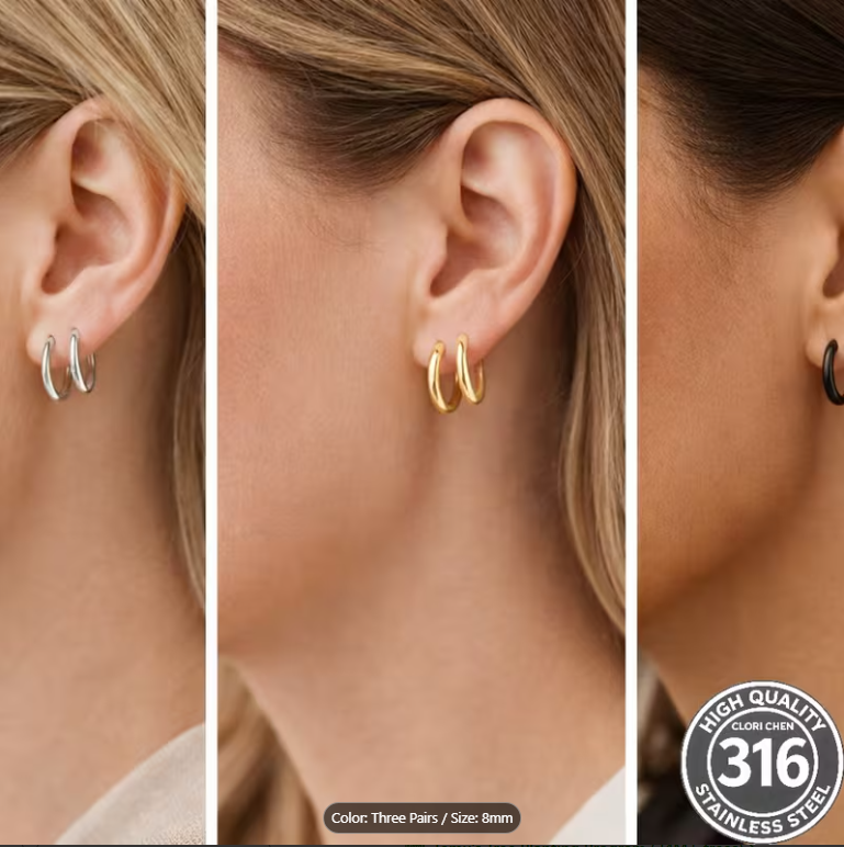 Picture of Women Minimal Hoop Earrings Gold Silver Black Stainless Steel Round Earrings