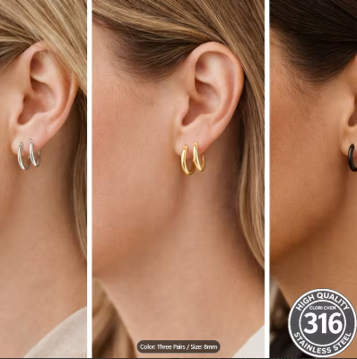 Picture of Women Minimal Hoop Earrings Gold Silver Black Stainless Steel Round Earrings