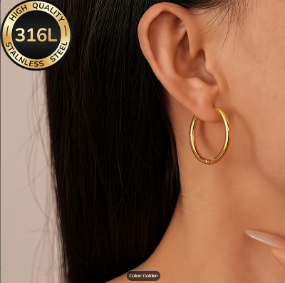 Picture of Gold Plated Round Hoop Earrings for Girls Simple Elegant Design - Gold