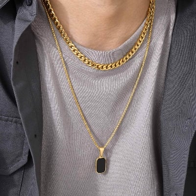 Picture of Unisex Geometric Hexagon Pendant Necklace Black Stone Stainless Steel Chain