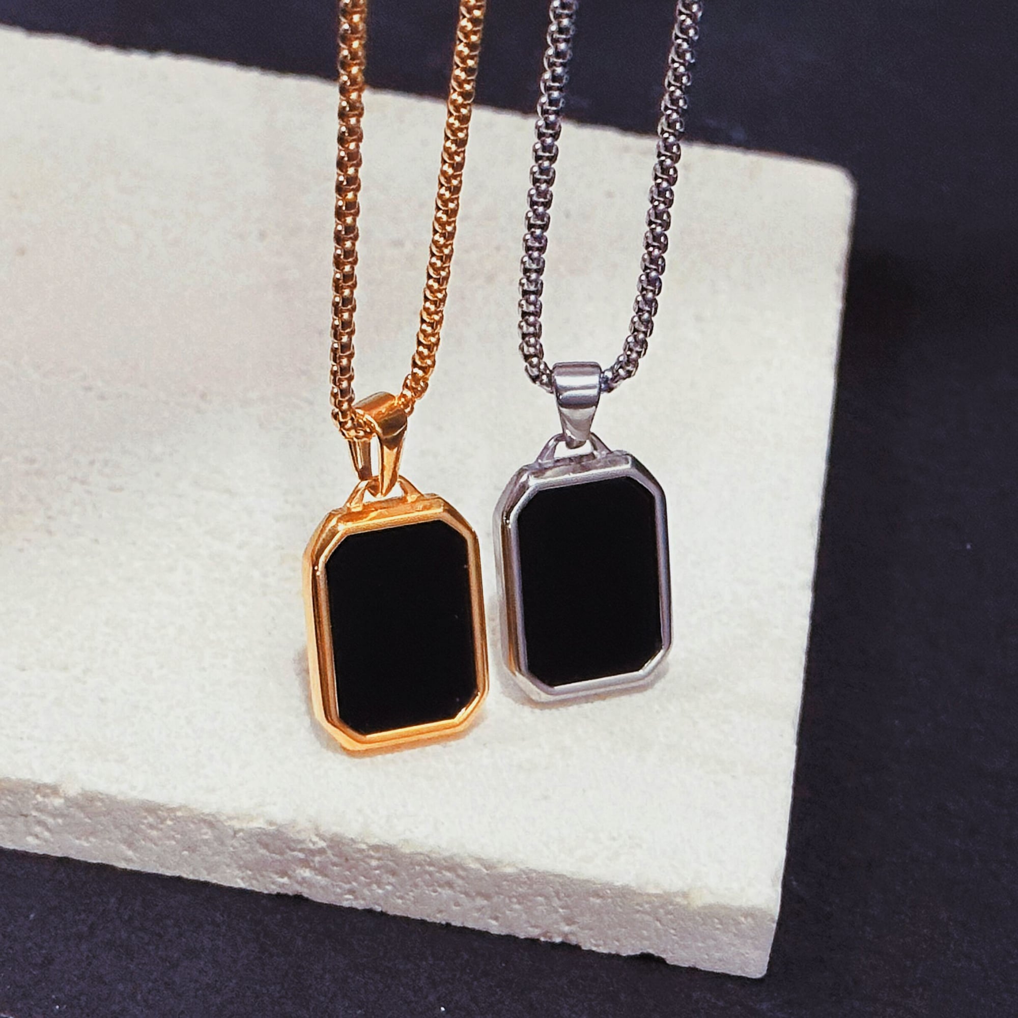 Picture of Unisex Geometric Hexagon Pendant Necklace Black Stone Stainless Steel Chain