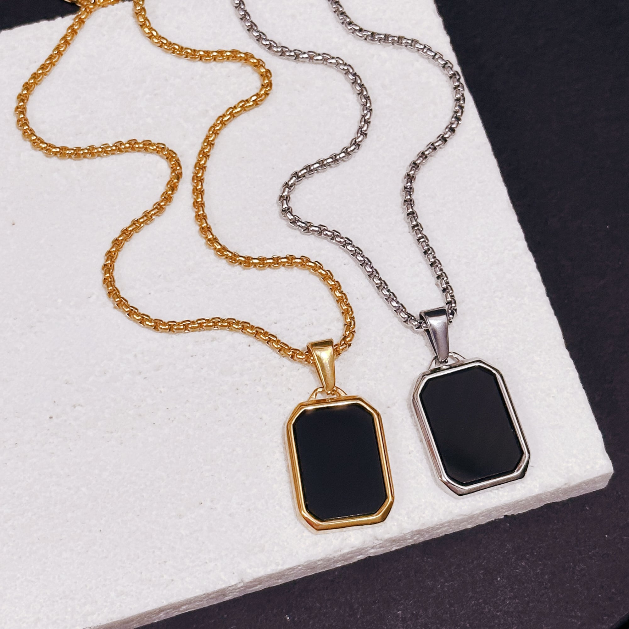 Picture of Unisex Geometric Hexagon Pendant Necklace Black Stone Stainless Steel Chain