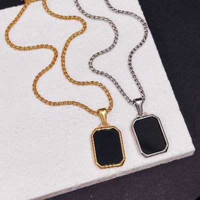 Picture of Unisex Geometric Hexagon Pendant Necklace Black Stone Stainless Steel Chain