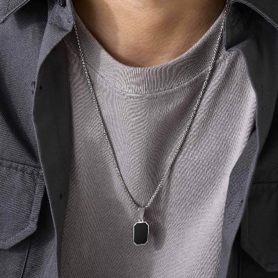 Picture of Unisex Geometric Hexagon Pendant Necklace Black Stone Stainless Steel Chain
