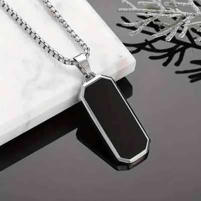 Picture of Unisex Geometric Hexagon Pendant Necklace Black Stone Stainless Steel Chain