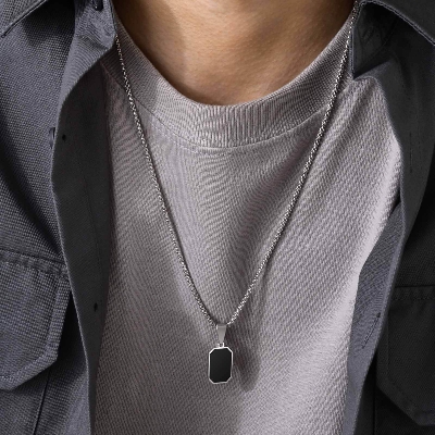 Picture of Men’s Hexagon Black Stone Pendant Necklace Stainless Steel Chain Fashion Jewelry