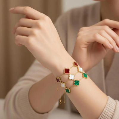 Picture of Trendy Four Leaf Clover Bracelet for Women - Gold Plated Black Bracelet