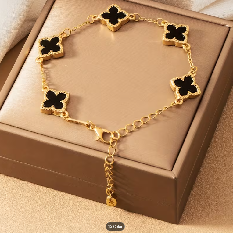 Picture of Trendy Four Leaf Clover Bracelet for Women - Gold Plated Black Bracelet