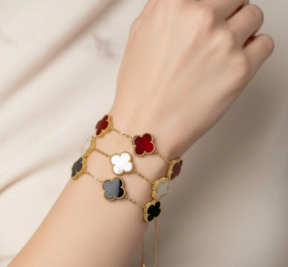 Picture of Trendy Four Leaf Clover Bracelet for Women - Gold Plated Black Bracelet