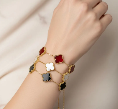 Picture of Trendy Four Leaf Clover Bracelet for Women - Gold Plated Black Bracelet