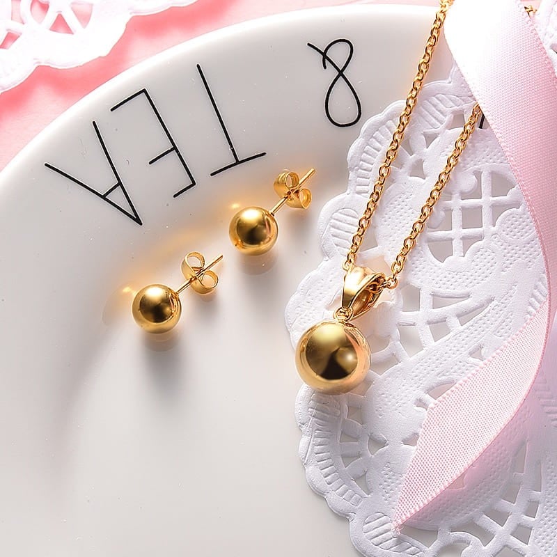 Picture of Minimal Gold Ball Pendant Chain with Matching Earrings | Trendy Set for Women