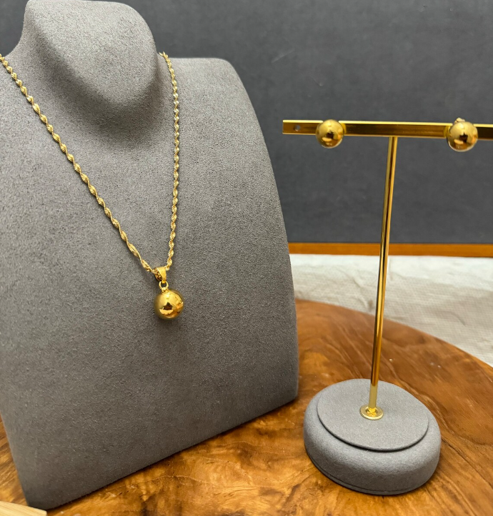 Picture of Minimal Gold Ball Pendant Chain with Matching Earrings | Trendy Set for Women