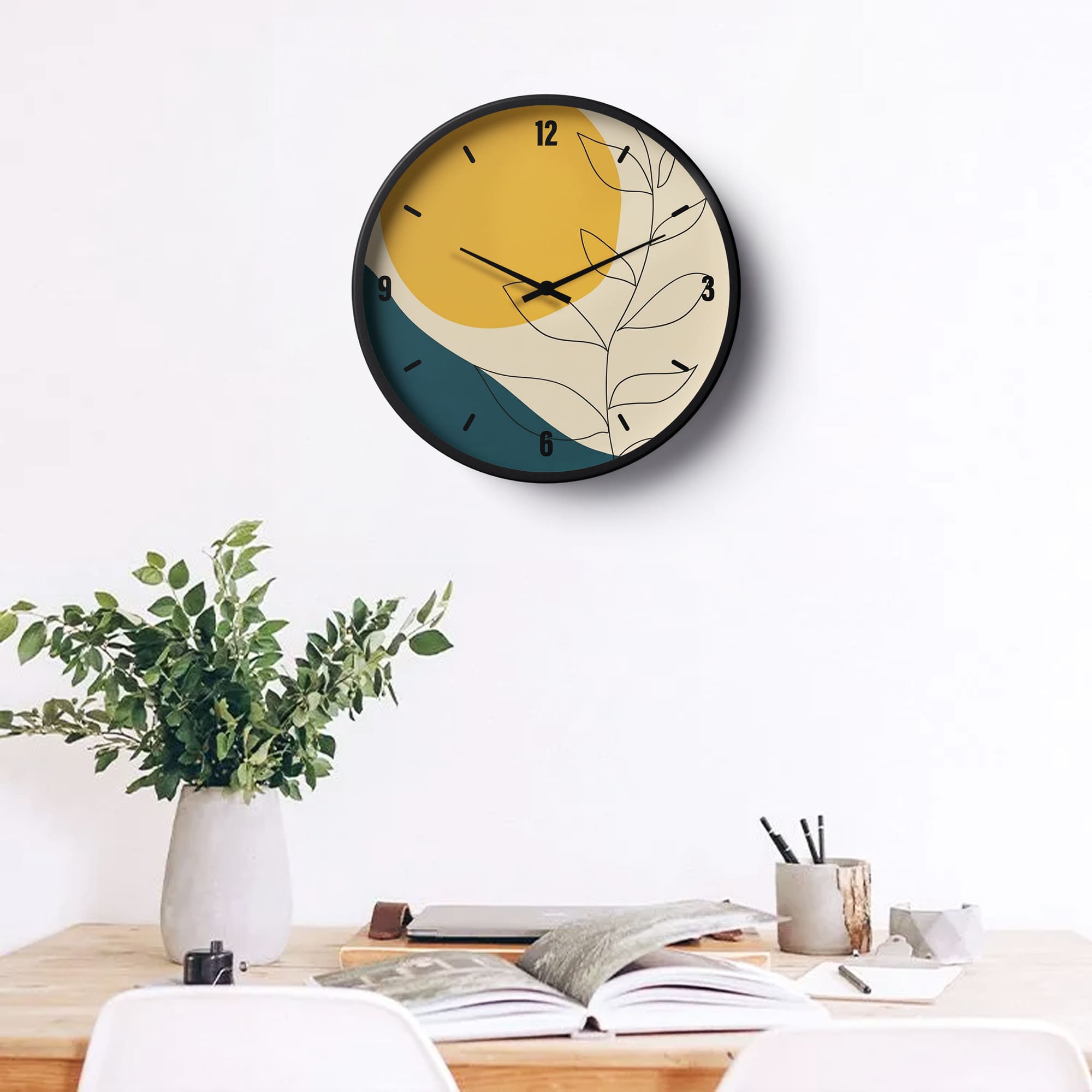 Picture of Floral Wall Clock Boho Minimalist Sun And Leaves-0153