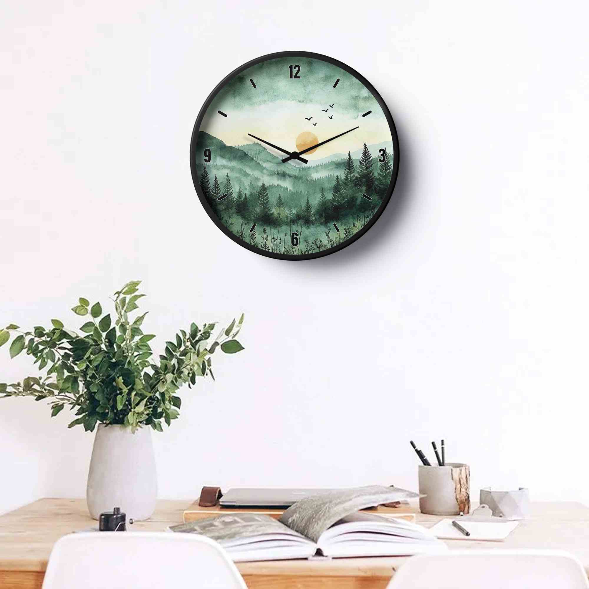 Picture of Artistic Wall Clock Misty Mountain Pine Forest Design Art-0116