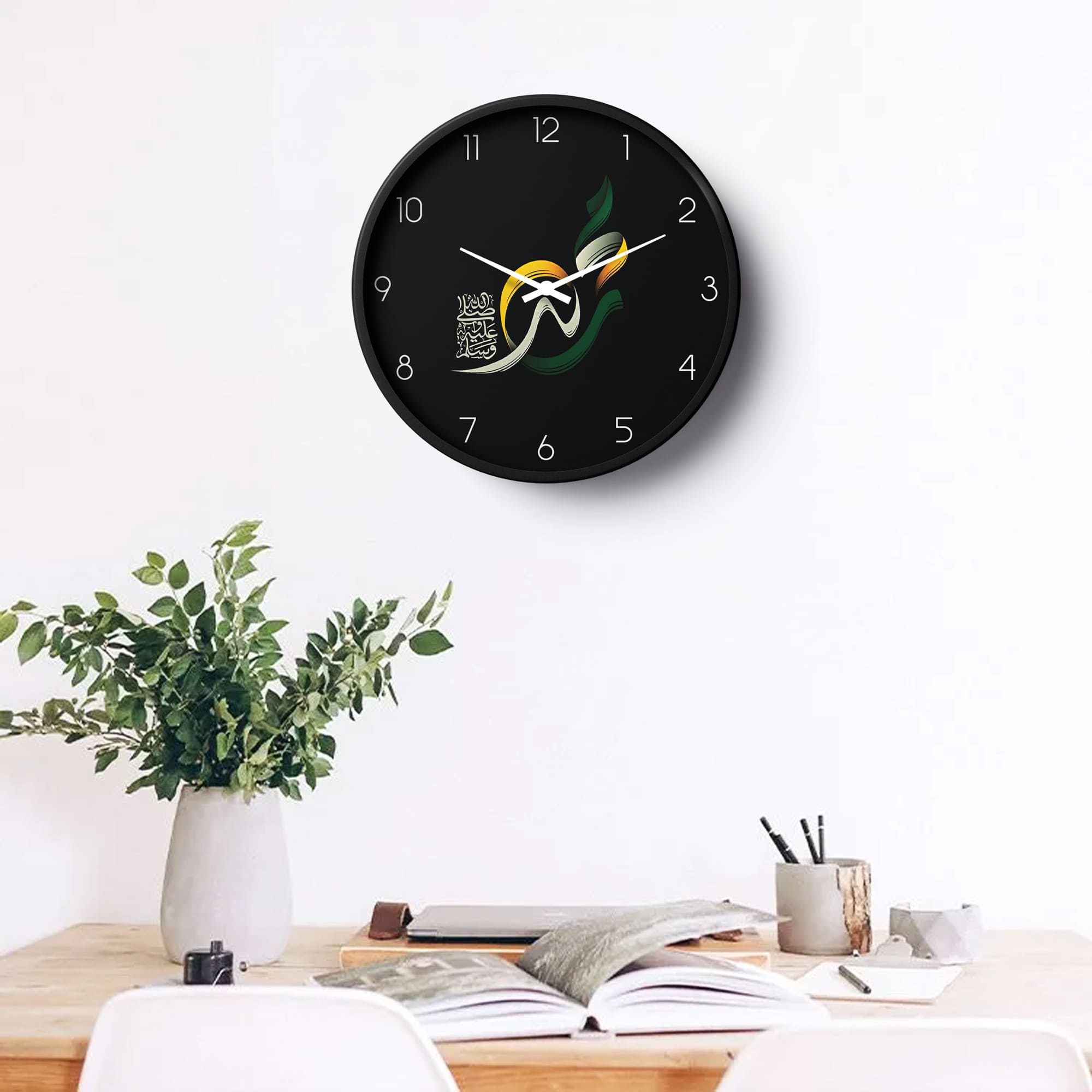 Picture of Muhammad Calligraphy Islamic Wall Clock Black Green Isl-0138