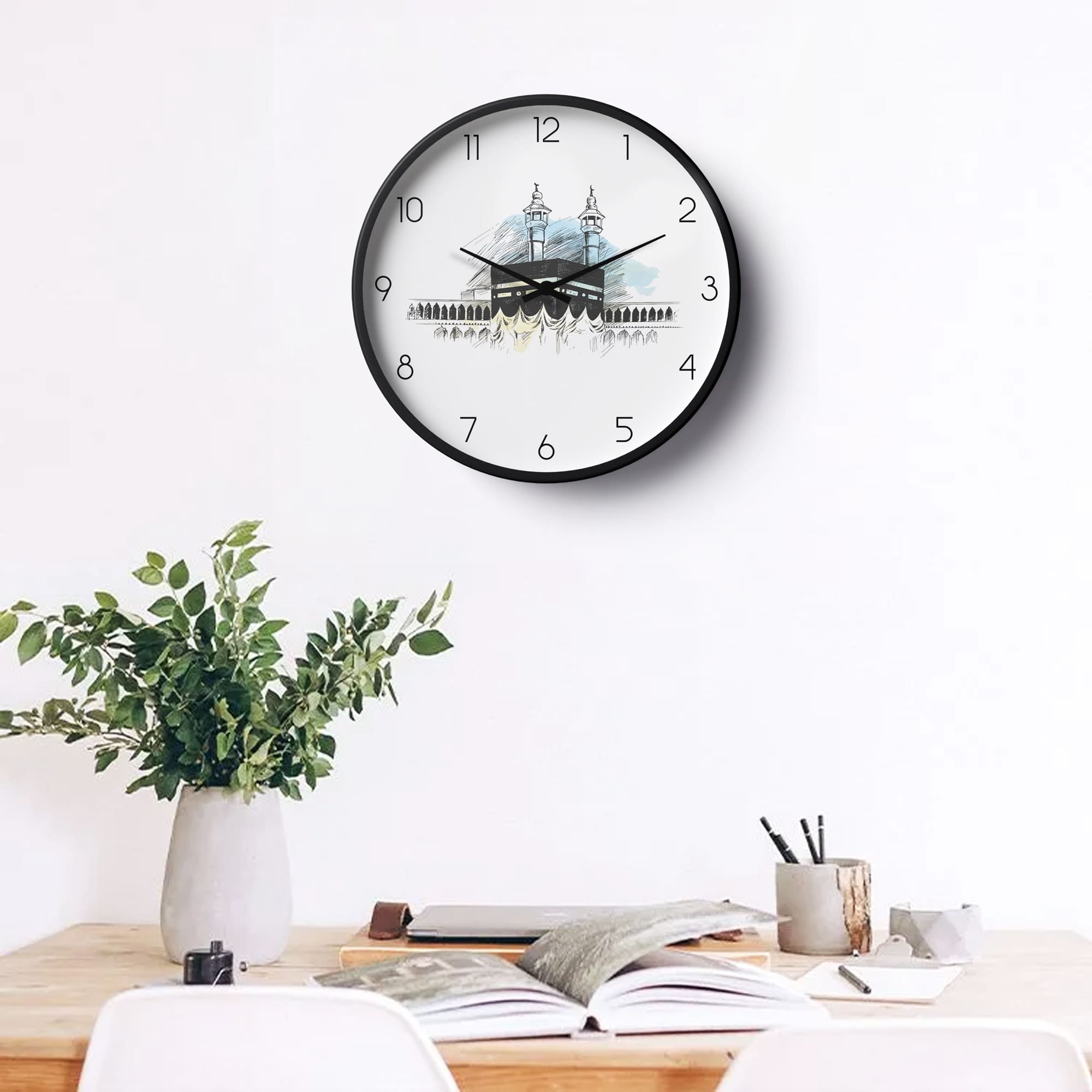 Picture of Klok Islamic Wall Clock Kaaba Sketch White  