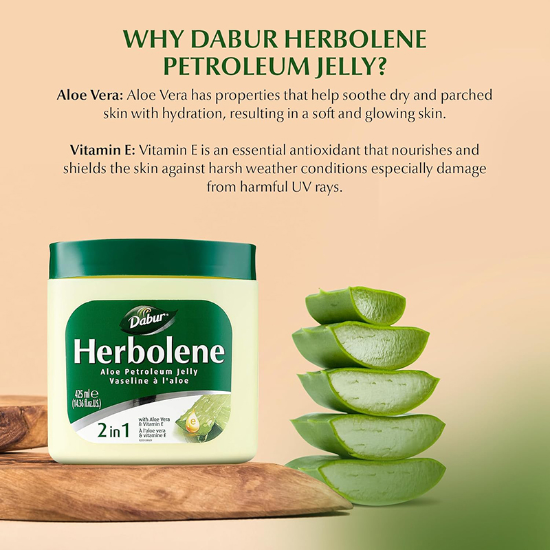 Picture of Dabur Herbolene Aloe Petroleum jelly 2 in 1 white used for male/female - 425 ml