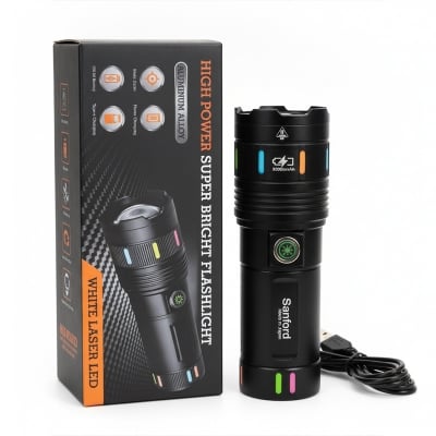 Picture of ডিস্প্লে সহ 30000mAh Rechargeable LED Flashlight Power Bank Super Bright Zoom Torch Light with Digital Display Type C Fast Charging Aluminum Alloy Body 5 Light Modes Emergency Outdoor Use - random