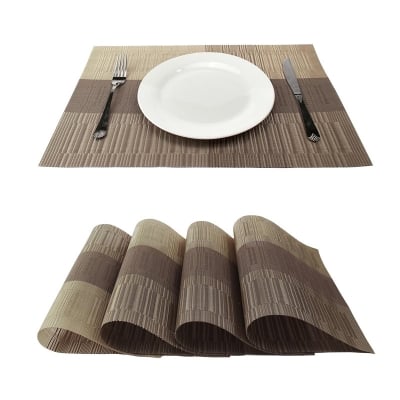 Picture of Placemats Set of 6 for Dining Table Washable PVC Woven Vinyl Placemat Non-Slip Heat Resistant Kitchen Table Mats Easy to Clean (Brown. coffee. gold and silver color)