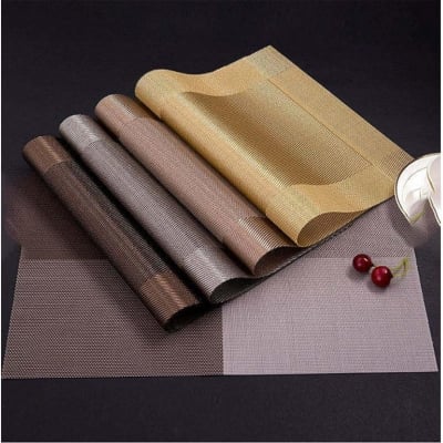 Picture of Placemats Set of 6 for Dining Table Washable PVC Woven Vinyl Placemat Non-Slip Heat Resistant Kitchen Table Mats Easy to Clean (Brown. coffee. gold and silver color)
